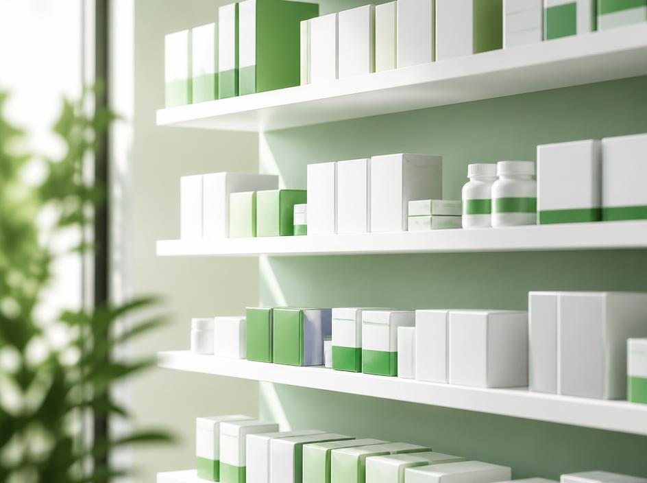 Prateleira organizada com medicamentos na Nova Farma